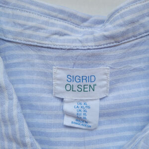 NWOT Sigrid Olsen Linen Top WOMEN'S XL Blue White Striped 3/4 Sleeve Button Up